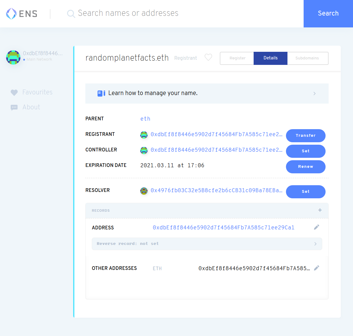 All the domain settings within ENS