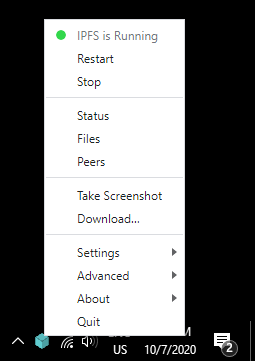 The IPFS desktop status bar menu in the Windows status bar.